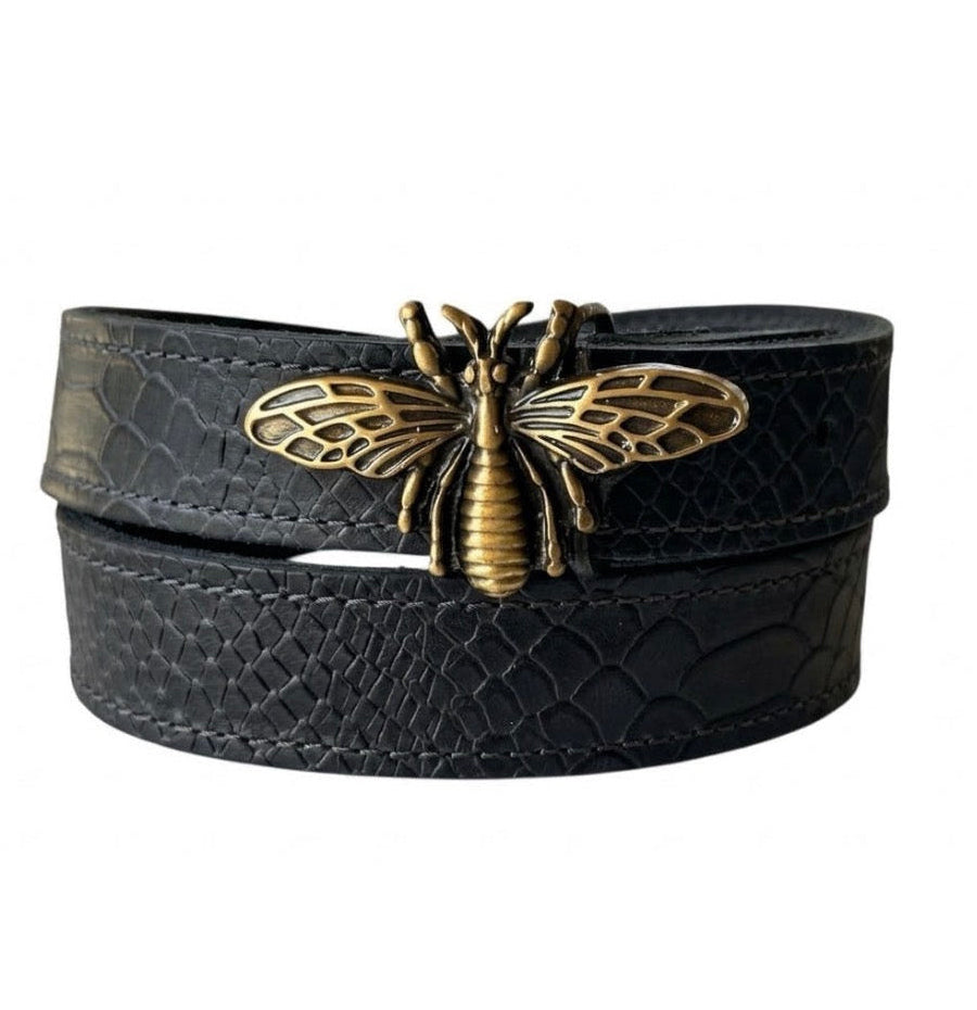 Cinturón Abeja, cuero negro anaconda