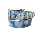 Cinturón Tejano, cuero azul jeans/blanco pelos/estampado animal print