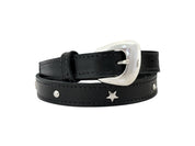 Cinturón Mini silueta plata, cuero negro tachas