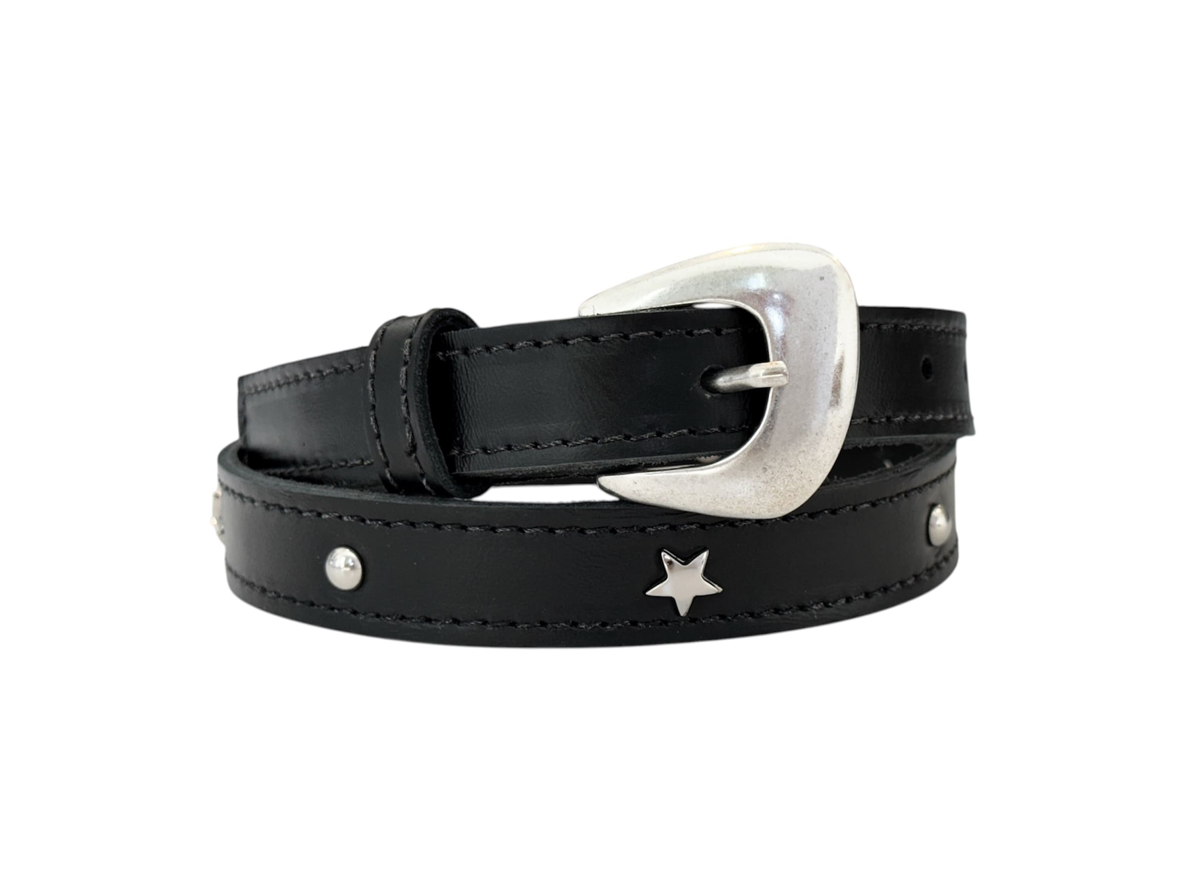 Cinturón Mini silueta plata, cuero negro tachas