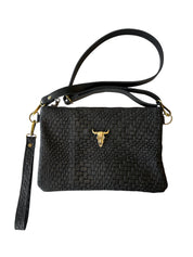 Cartera Toro bronce, cuero estampado trenzado negro
