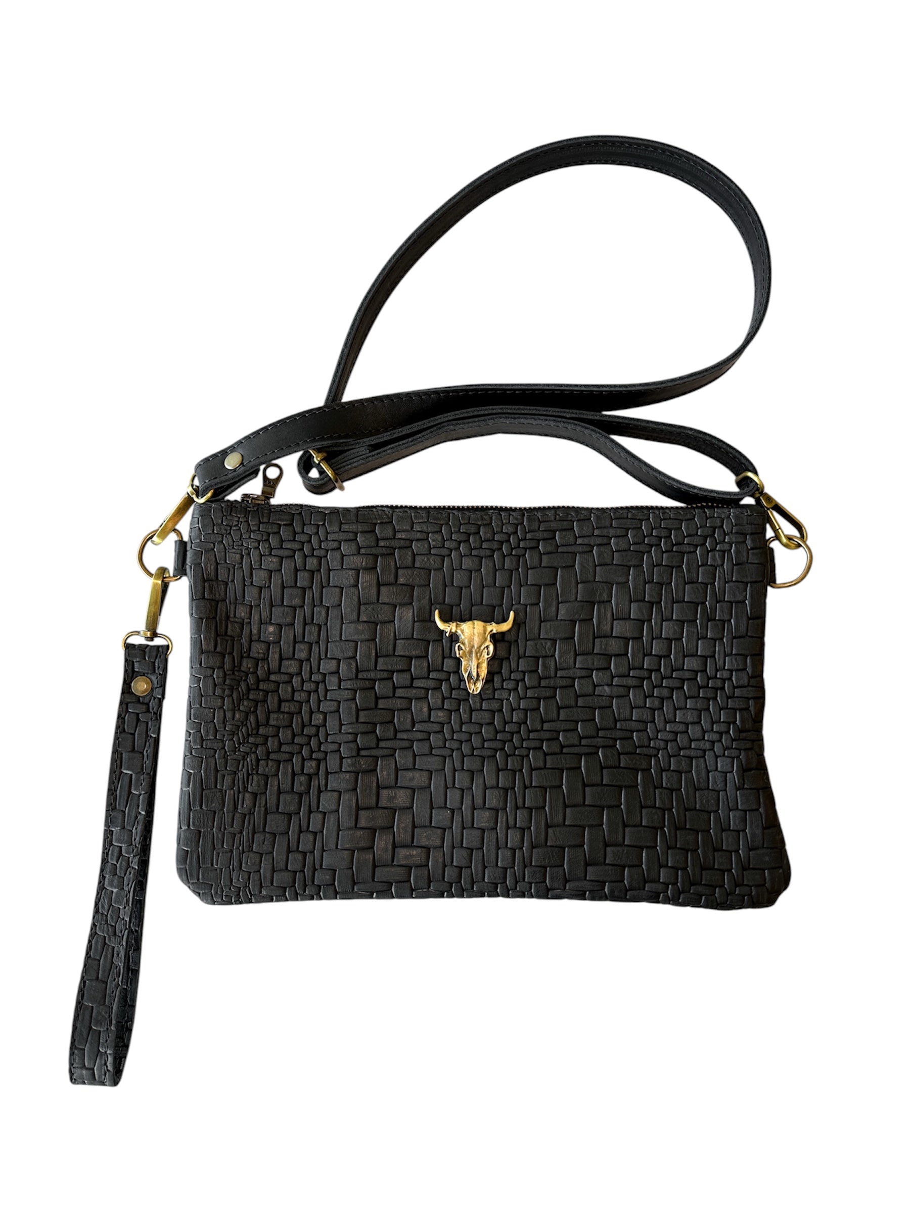 Cartera Toro bronce, cuero estampado trenzado negro