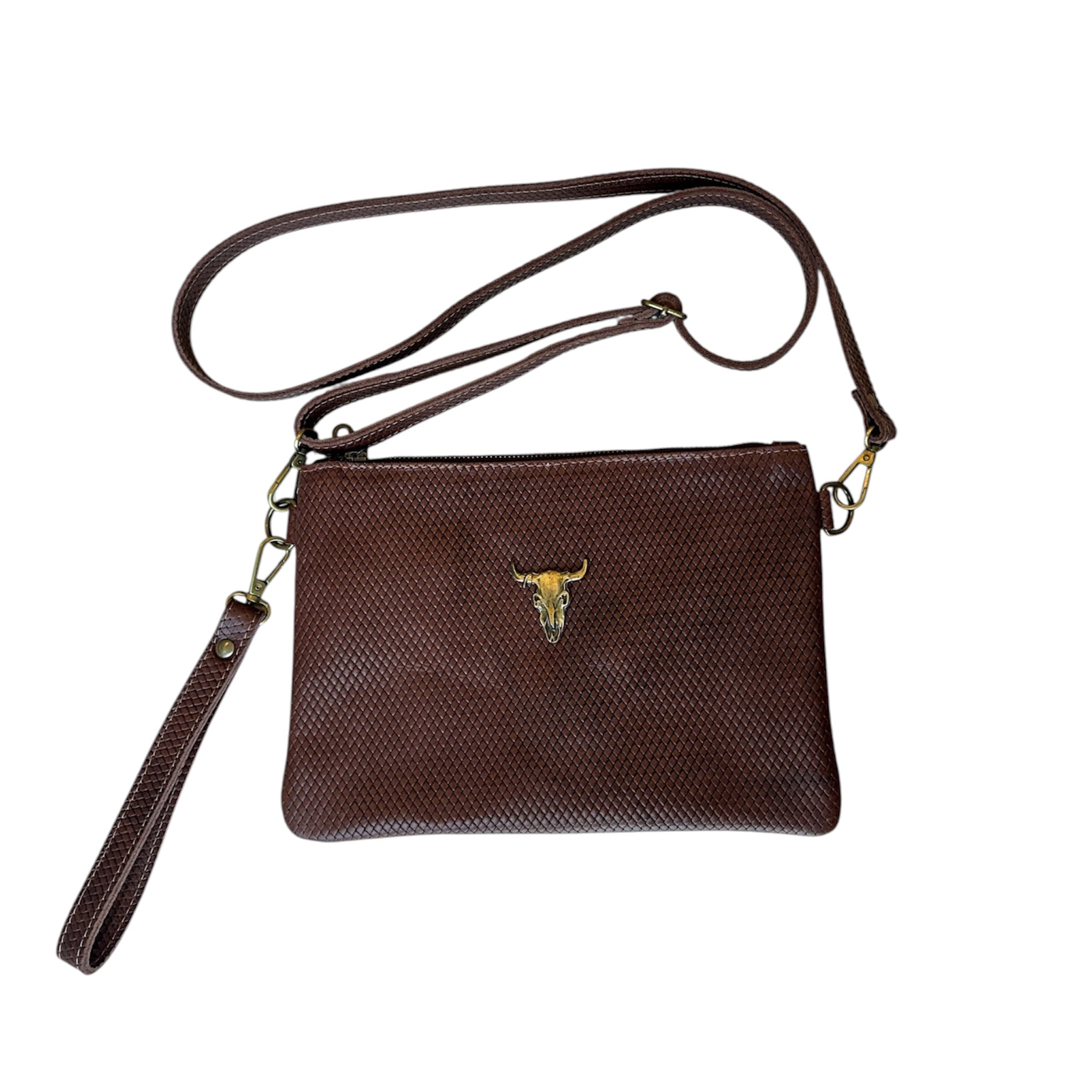 Cartera Toro bronce cuero estampado trenzado cafe