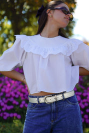 Cinturón Rayado cuero blanco perla