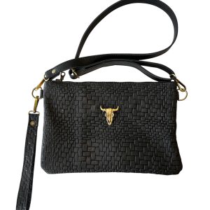 Cartera Toro bronce, cuero estampado trenzado negro