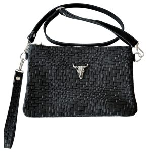 Cartera Toro plata, cuero estampado trenzado negro